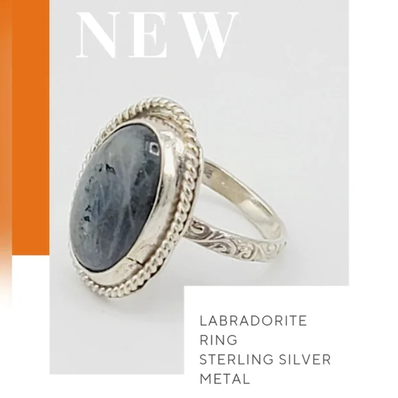 LABRADORITE ROUND RING WITH EMBOSSED RING BAND HANDMADE IN STERLING SILVER 8.5 - Picture 1 of 6